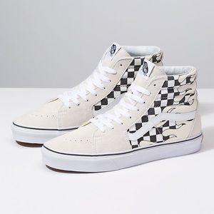 Vans cream suede black checkered flame high tops